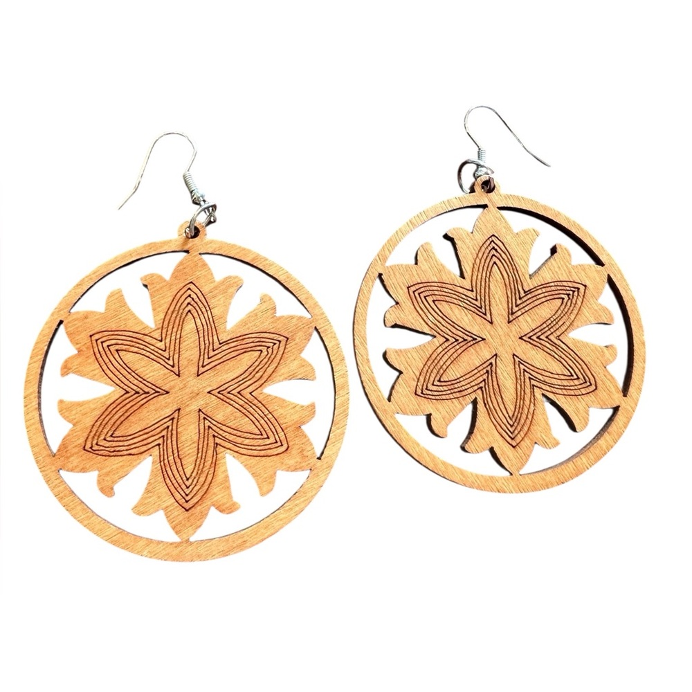 Boho Light Brown Cut Wood Design Round Drop Earrings